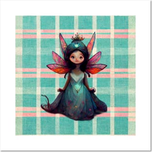 Sweet little fairy princess with wings against a plaid background. Posters and Art